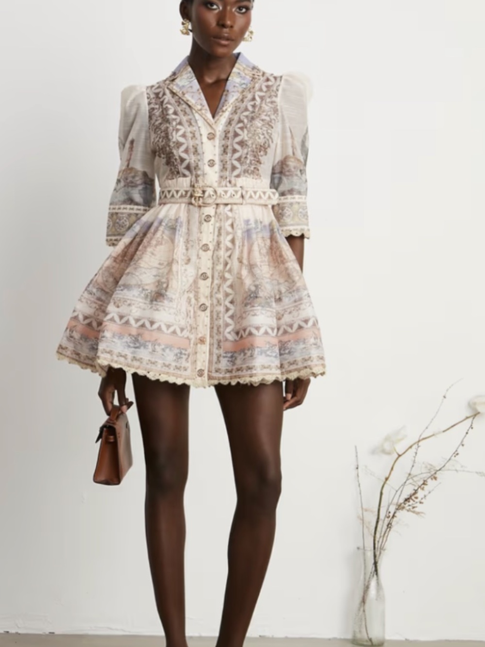 Miss Rosier Baroque Map Print Mini Dress NWT Cream Gold Size S